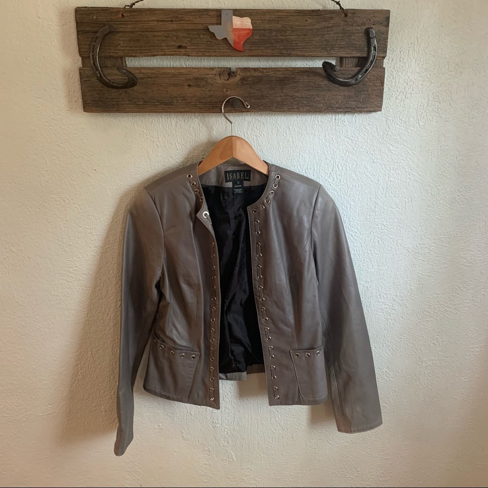 Vintage Isabel 100% leather gray laced trim jacket